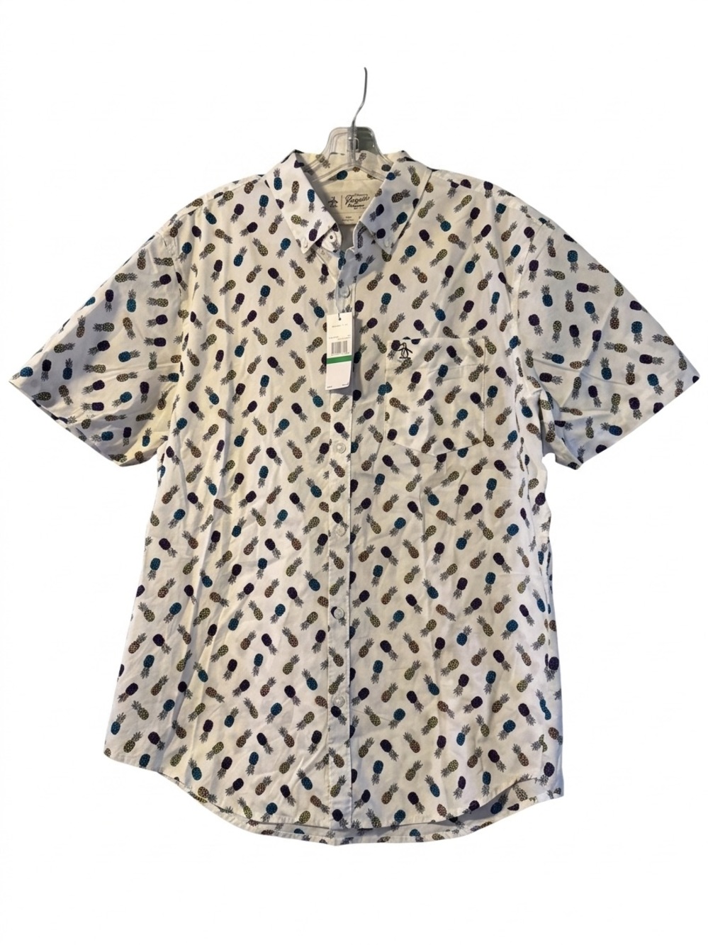 Penguin Short-Sleeve Pineapple Print Button-Down Shirt - White. Size L. NWT